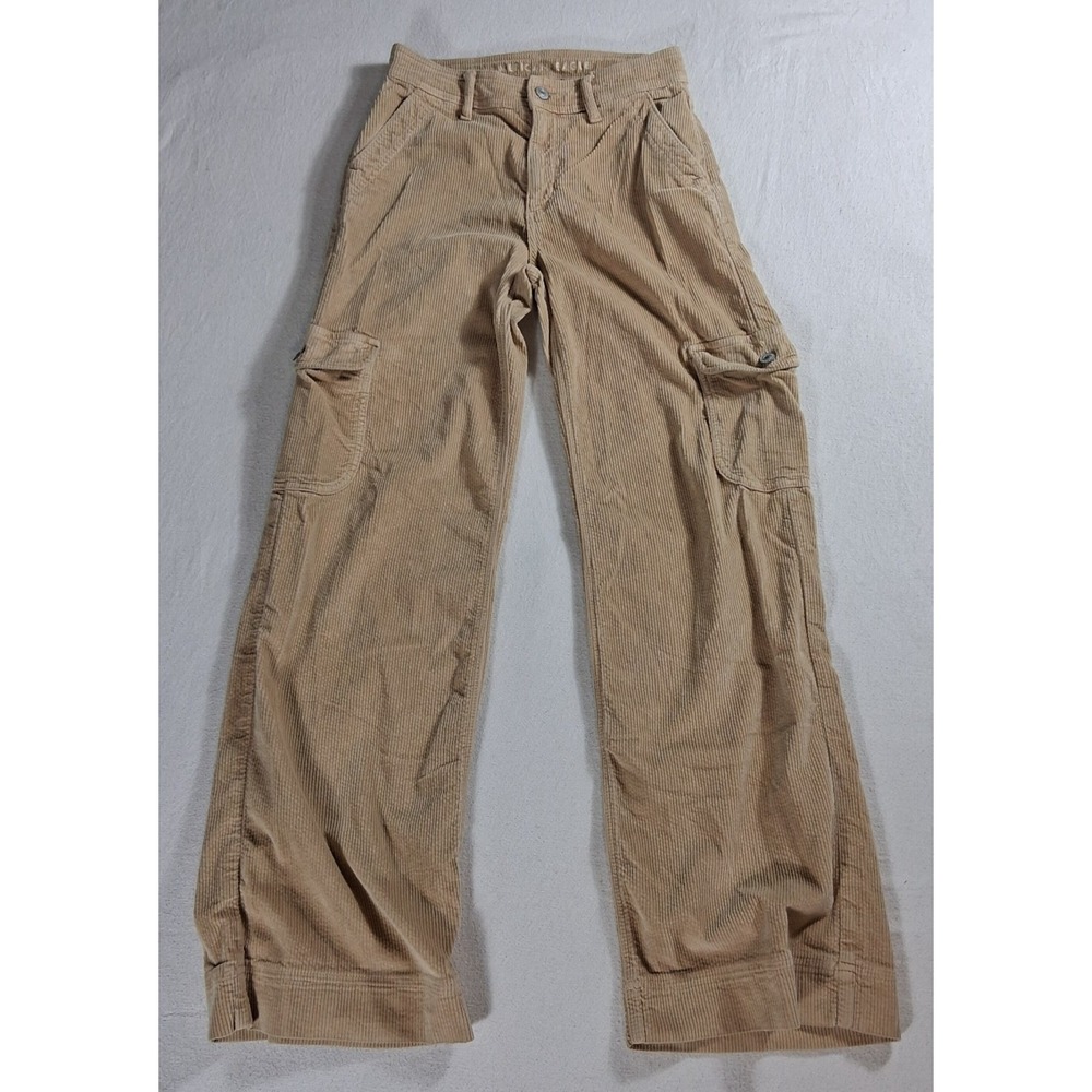 American Eagle Women 0 Beige Corduroy Cargo Pants High Rise Wide Leg Stretch